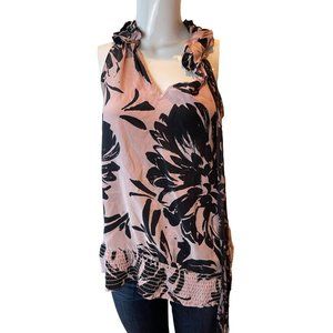 Karen Kane Womens Floral Blouse Top Ruffle Neck Sleeveless Smocked Hem Pink SZ M
